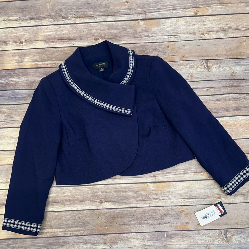 TAHARI ASL beaded collar cropped nested jacket midnight blue size 2